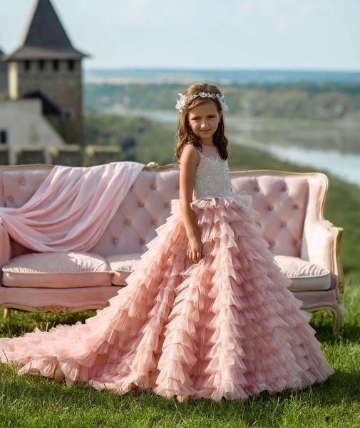 

lace appliqued flower girls dresses beading ruffles ball gowns for girls first communication, Red;yellow