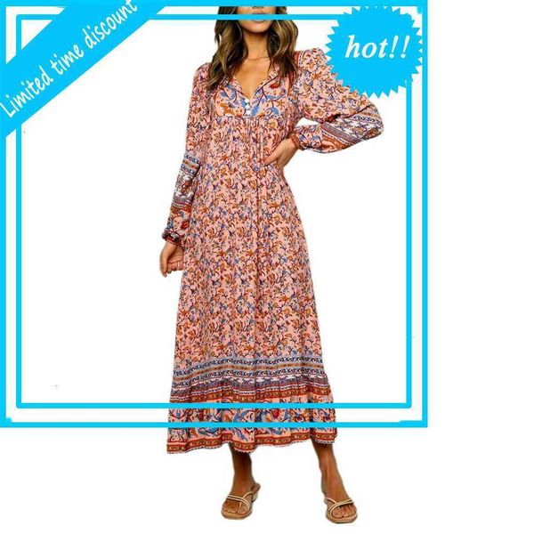 

women printed boho long mouwen v-neck flowers with neck bands elegant dress for spring and summer dresses, Black