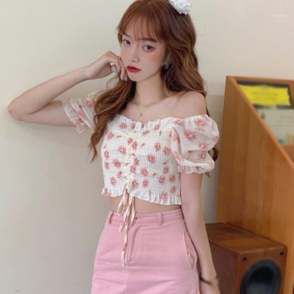 

korean style floral print shirts sweet square collar long sleeve short sleeve blouse pleated chiffon shirt 1, White