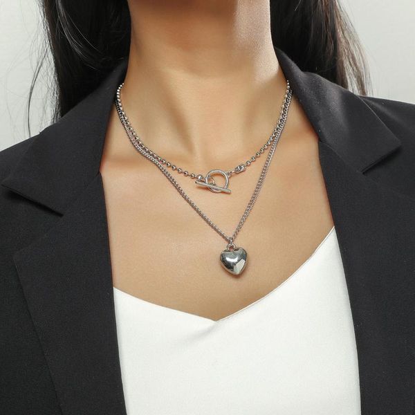 

chains 2pcs/set multi layered stainless steel choker necklace round circle love heart pendant necklaces for women jewelry, Silver
