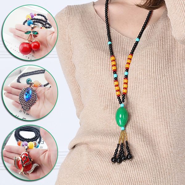 

new retro bead necklace long crystal sweater chain metal rhinestone pendant for women men wedding party jewelry gifts