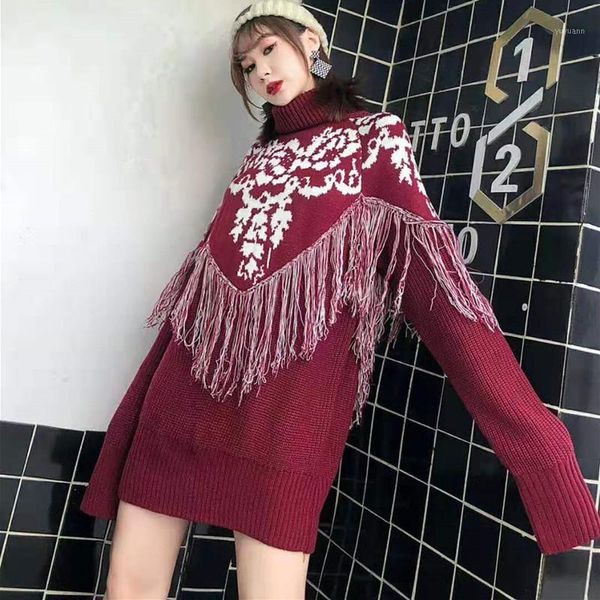 

floral printing turtleneck sweater women tassel pullover spring loose warm knitwear femme jumper1, White;black