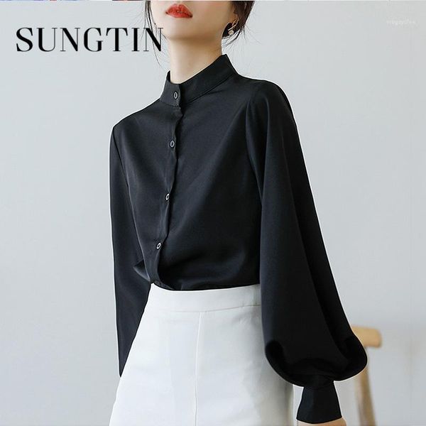 

sungtin vintage lantern sleeve blouse women office lady black white chiffon shirt loose solid korean casual 1