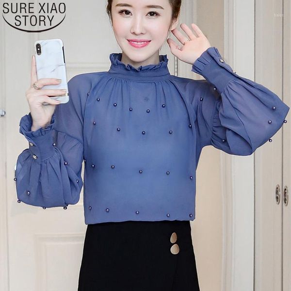 

women long-sleeved blue fashion blouse 2020 new bead chiffon women shirts lace loose lantern sleeve blouses 1641 501, White
