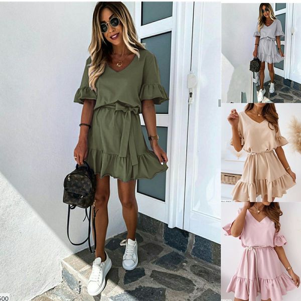 Sexy New Womens Beach Summer abito arruffato semplice con maniche corte e Ruffles Dress Street Style Abiti Camicia Gonna Big Size S-5XL