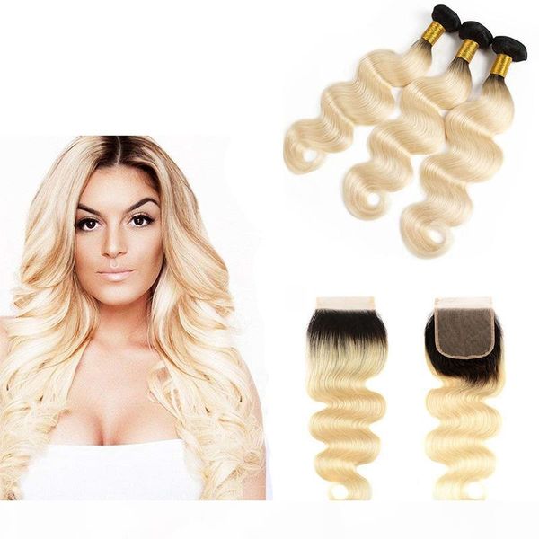 

brazilian honey blonde virgin hair 3 bundles with closure 1b 613# body wave hair weaves ombre human hair extensions with lace closure, Black;brown