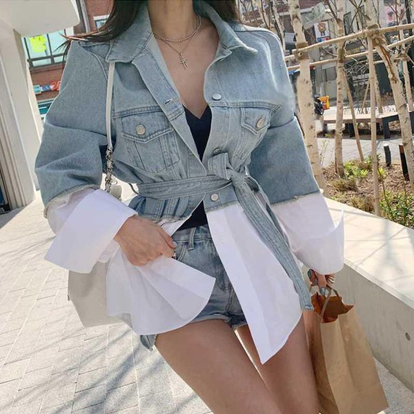 

new 2020 autumn winter women's denim jackets patchwork sashes lace up outerwear high street fashionable jeans1, Black;brown