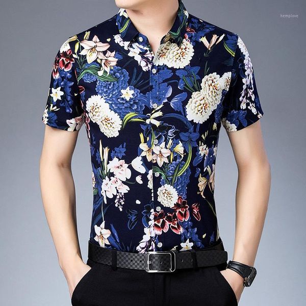 

2020 men summer floral shirts short sleeve new fashion 100% mercerized cotton flowers dress shirt1, White;black