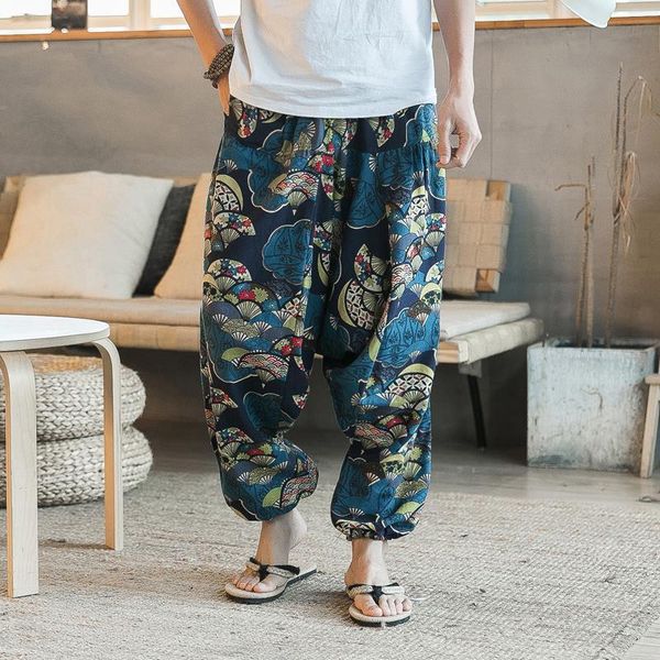 

2020 harajuku cotton linen harem cross pants men jogger pants male summer floral print hawaii beach pants trousers, Black