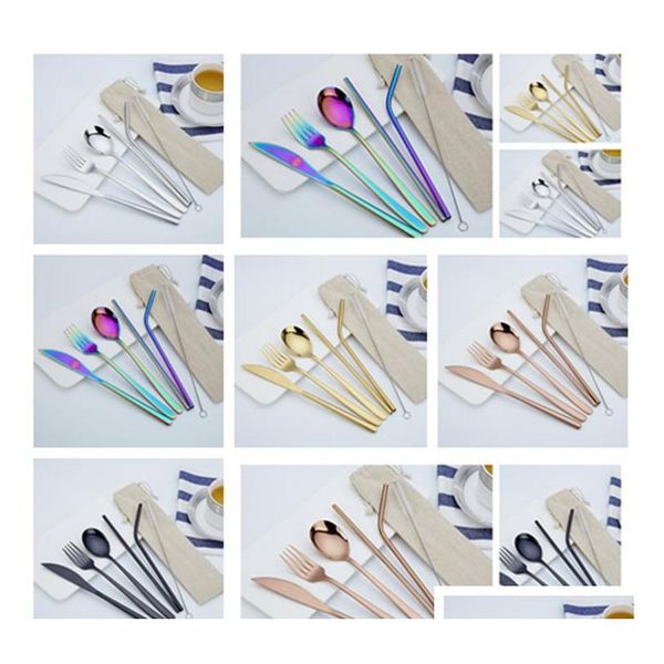 

new pcs 1set stainless steel cutlery set knife fork spoon straw with cloth pack kitchen dinnerware tableware kit fla jllxxz fight2010
