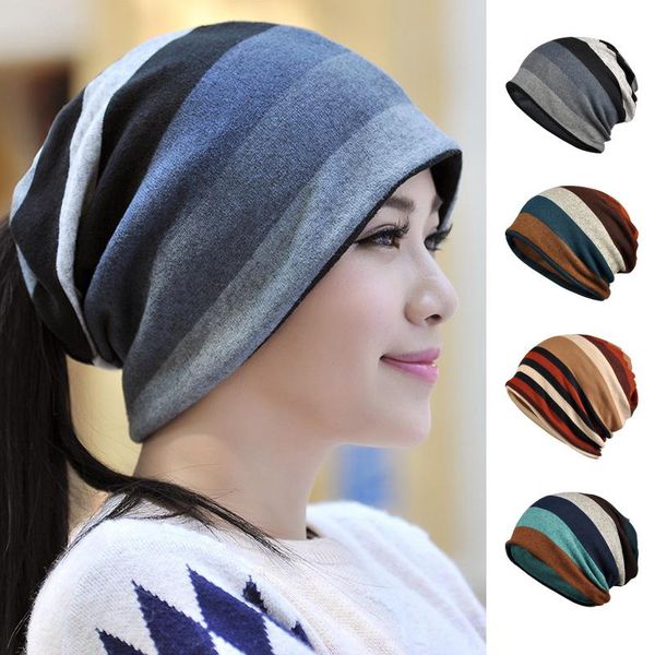 

berets women's 2021 fashion spring/ autumn headgear adjustable versatile cap double knit striped head for women winter beanie caps, Blue;gray