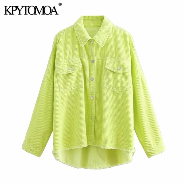 

kpytomoa women fashion oversized frayed trim corduroy blouses vintage long sleeve pockets loose female shirts chic lj200812, White
