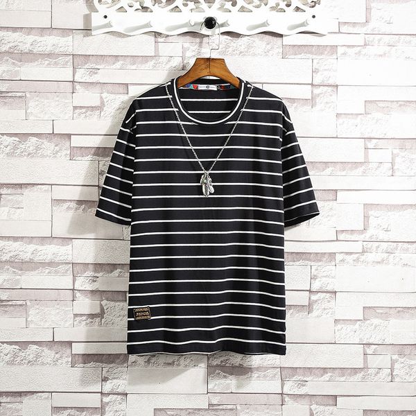 

2021 new summer short sleeves harajuku korea fashion striped t-shirt streetwear one piece hip hop punk men tees tshirt clothes m3b5, White;black