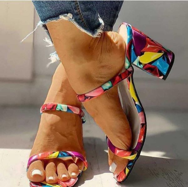

2019 fashion summer holiday women square heel sandals sandalias colorful printed slip-on slipper shoes ladies outdoor, Black