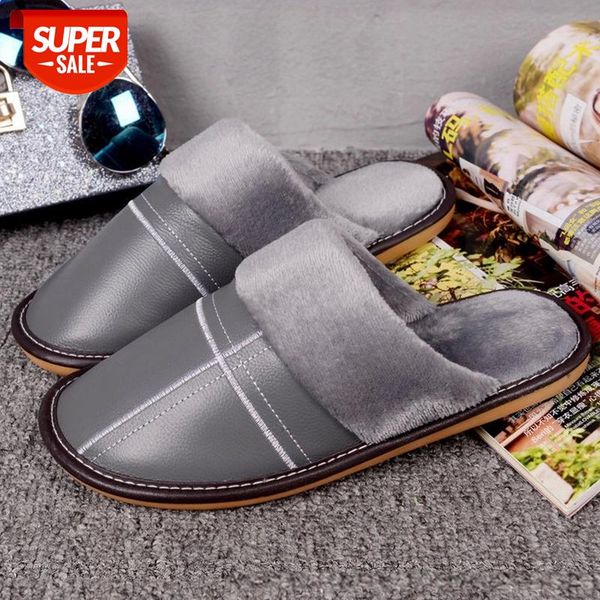 

slippers for men winter couple men slippers leather waterproof fur non slip home shoes large size #pz8e, Black