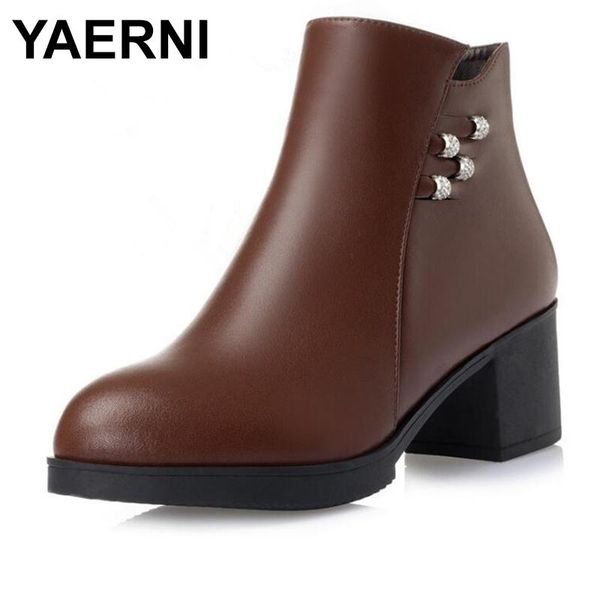 

boots yaerni brand women 2021 fashion autumn winter warm comfort thick heel cow leather shoes woman snow, Black