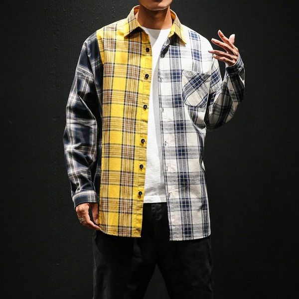 

vintage plaid colorblock shirts men's fashion long sleeve patchwork tartan shirt men hip hop casual urban clothing, White;black