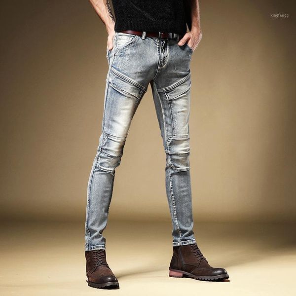 

retro color jeans men cotton stretch denim trousers causal streetwear straight pants1, Blue