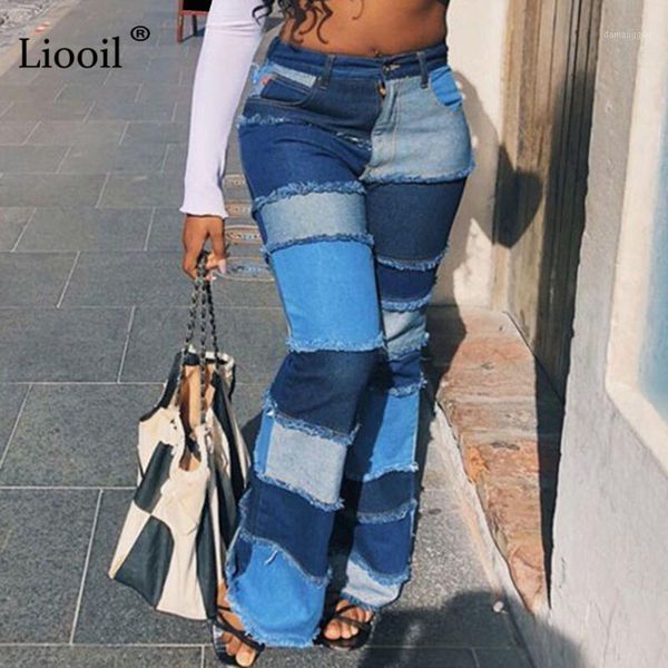 

liooil color block high waist flare jeans with pockets 2020 streetwear ladies trousers bell bottoms skinny denim jean pants1, Blue