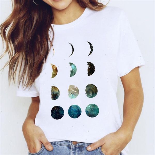 

2021 new fashion phases of the moon print women summer short sleeve casual white t shirt girls ladies streetwear tee