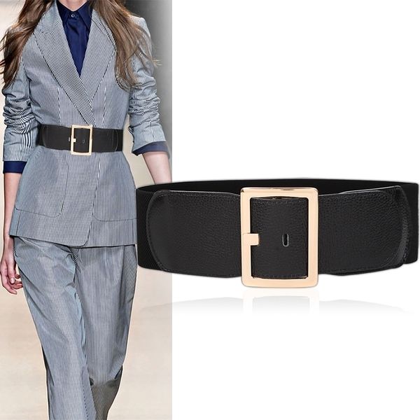 

real cow leather wide belt women trench cummerbunds coat black for dress cowskin gold pin buckle waistbands elastic waistband y200501, Black;brown