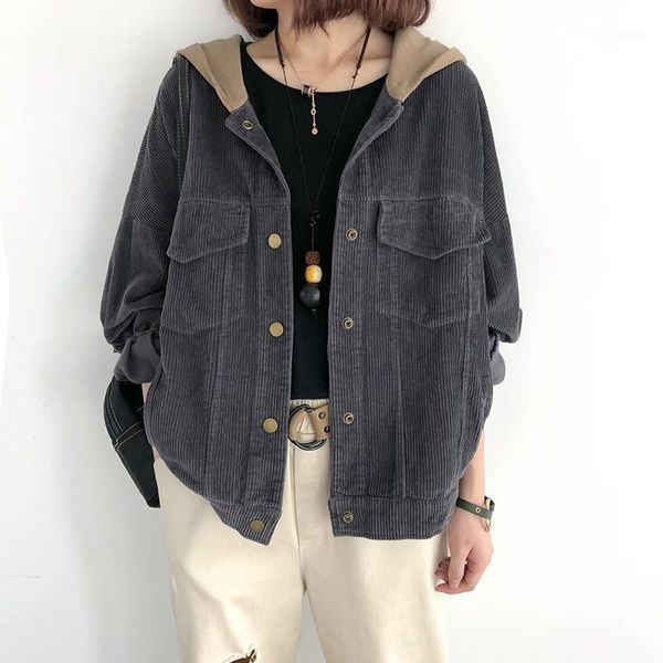 

2020 women spring fashion korea stye vintage corduroy patchwork long sleeve single breasted hooded jacket office lady loose coat1, Black;brown