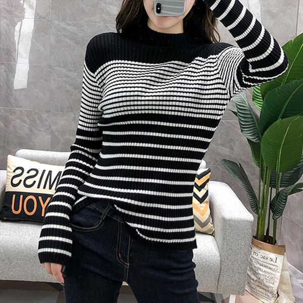 

new fashion striped turtleneck sweater women autumn winter knitted pullover women slim soft jumper sweater female, White;black