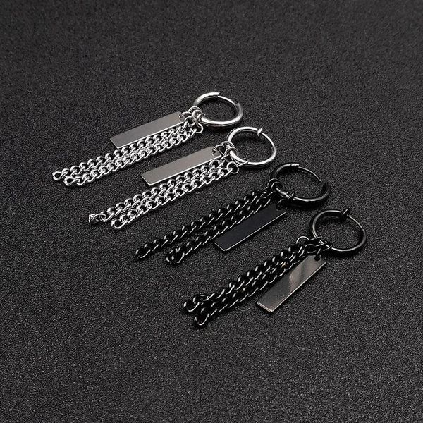 

new arrival korea kpop boys black stainless steel stud earrings square bar long tassel pendant ear clip for women men jewelry, Silver