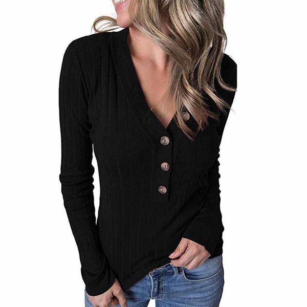 

new fashion women's casual solid long sleeve v-neck ribbed button knit sweater full tight blouse, White;black
