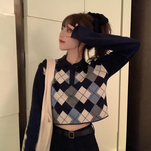 

2020 autumn & winter new arrival lingge printing sweater girl lapel long-sleeved sweater loose plaid short sweater ing, White;black