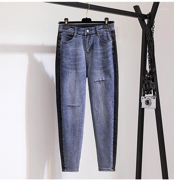 

the new women loose small foot ab face jeans fashion joining together stitching hole pants 20211, Blue