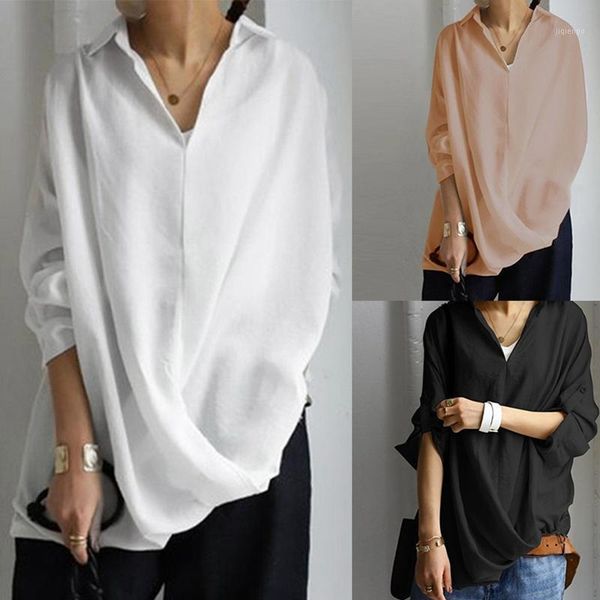 

fashion women v neck blouse solid color long sleeve irregular shirt loose casual 1, White
