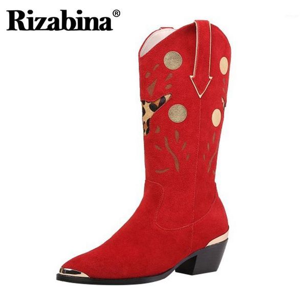 

boots rizabina real leather women knee pointed toe polka dot slip on shoes winter warm party footwear size 34-391, Black