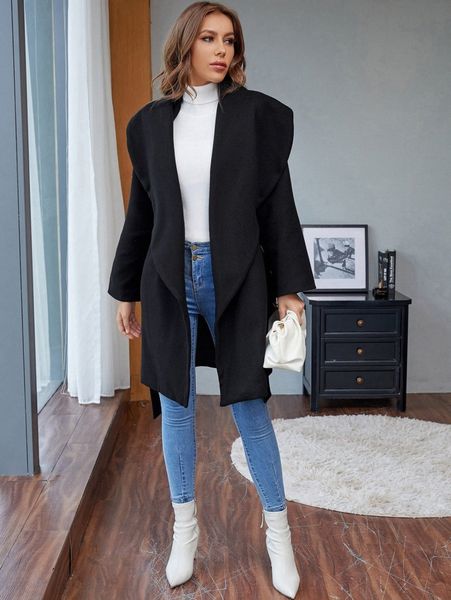 

waterfall collar belted overcoat c3kn#, Black