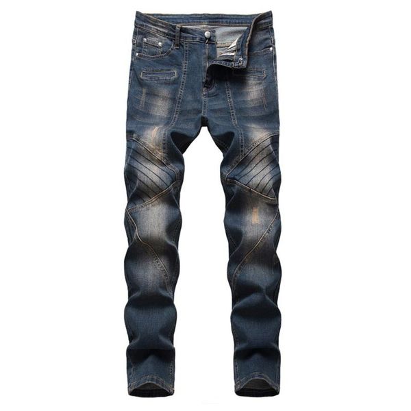 

men's vintage stretch denim jeans plus size patchwork ripped pants long trousers, Blue