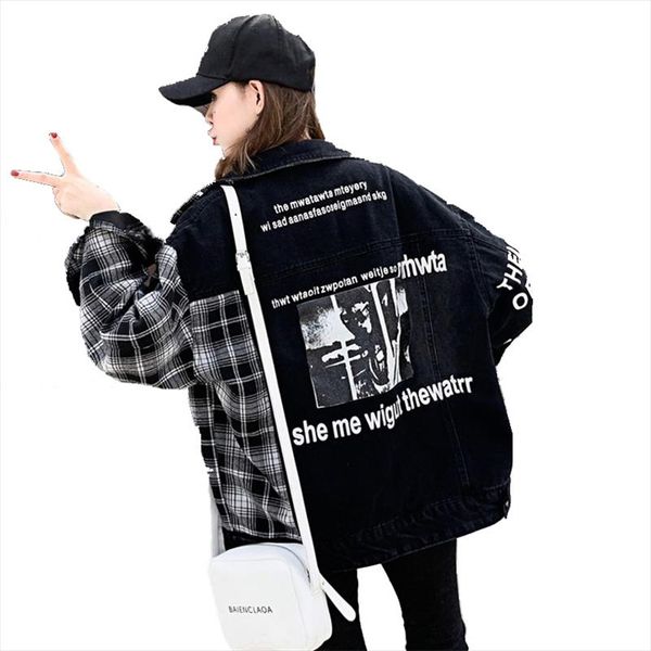 

autumn stitch black loose denim jacket harajuku bomber jacket streetwear plaid black jeans women letter printed, Black;brown