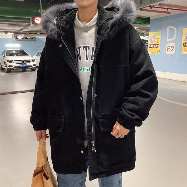 

men's down & parkas legible winter jacket men casual man solid loose mens jackets fur collar warm coats, Black