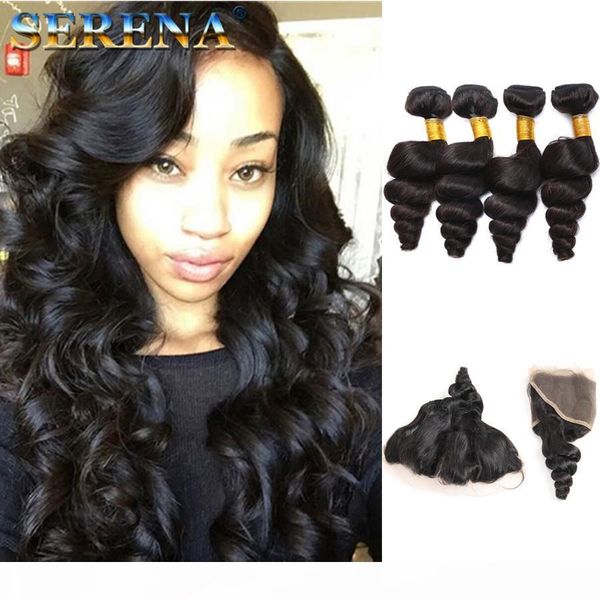 

human hair weft with frontal 7a brazilian unprocessed virgin hair loose wave 13x4 ear to ear lace closure with 4 hair bundles with frontal, Black;brown