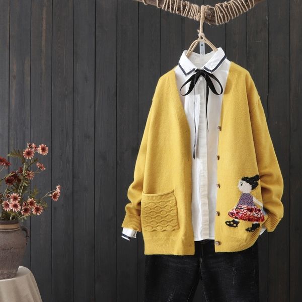 

qrwr autumn winter women sweater v neck single breasted casual cardigans knitted korean long sleeve loose sweater women y200915, White;black