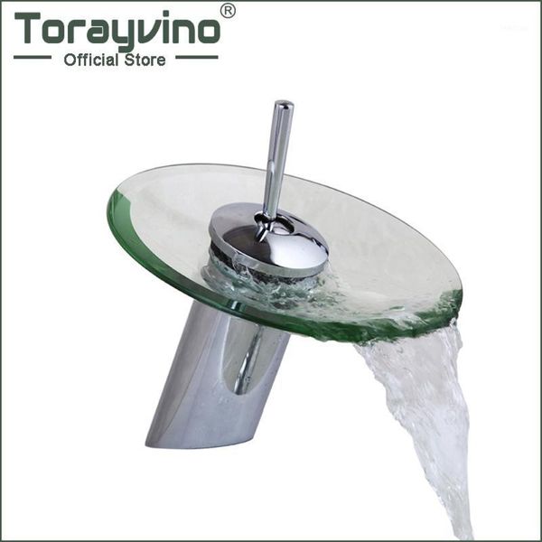 

torayvino ru waterfall round glass basin sink bathroom faucet chrome polished finished deck mounted single hole faucet mixer tap1