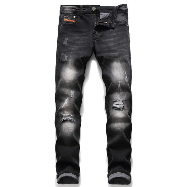 

ripped jeans men's micro-elastic distressed white pencil youth fashion black beggar pants selling fall 2021, Blue