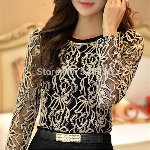 

new fashion plus size long sleeve crochet black and white body lace chiffon blouse women elegant vintage female shirt 65a5