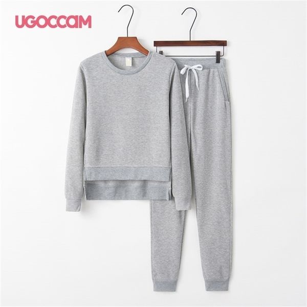 

ugoccam tracksuit irregular two piece set split pullover sweater pants suit fall women clothing y201128, White