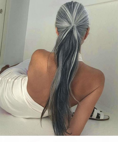 

women long straight wrap around ponytail extension human hair piece clip in hair extensions (straight, silver gray) ponytails cheap, Black