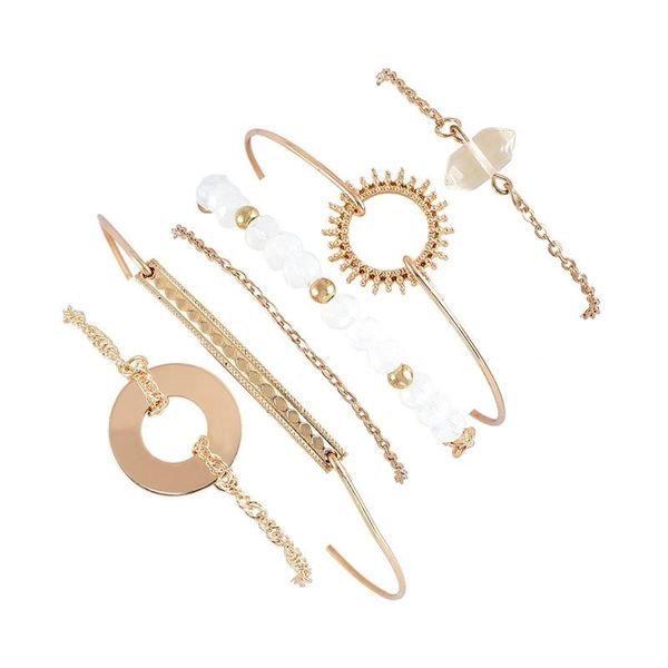 

6 pcs/set women bohemian bracelets set round crystal bead chain open gold bracelet lady charm party jewelry accessories, Black