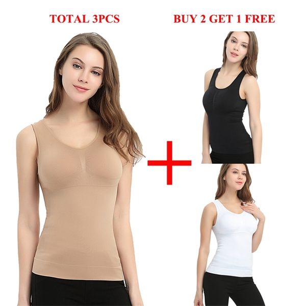 

3 pcs plus size bra cami tank women body shaper removable shaper corrective underwear slimming vest corset shape 201222, Black;white