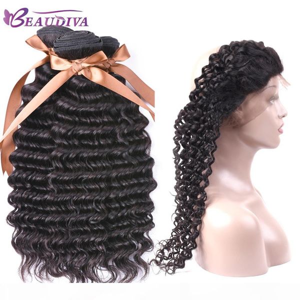 

beaudiva malaysian deep wave 360 lace frontal pre plucked with 3 bundles human hair weave 100% natural color, Black;brown