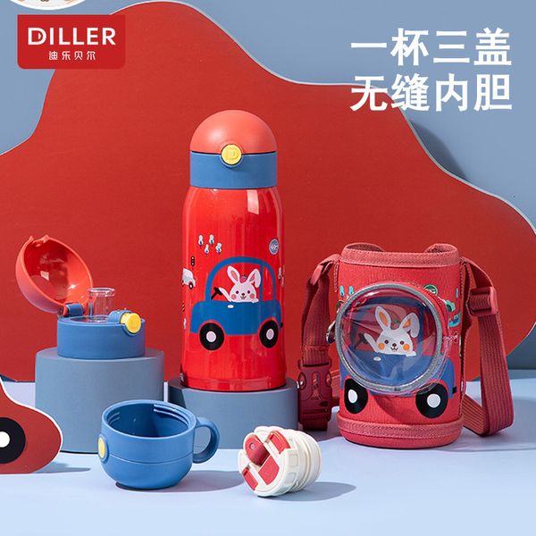 

dillabel portable temperature sensing children's three use thermos cup with straw for primary school students
