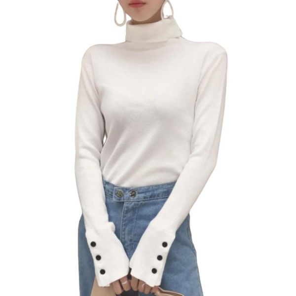 

women's sweaters autumn women long sleeve turtle neck buttons cuff knitwear pullover slim blouse base bottoming office shirts for cloth, White;black