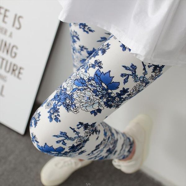 

2019 blue and white porcelain printing women leggings pant high waist high elasticity flowers printed legging, Black